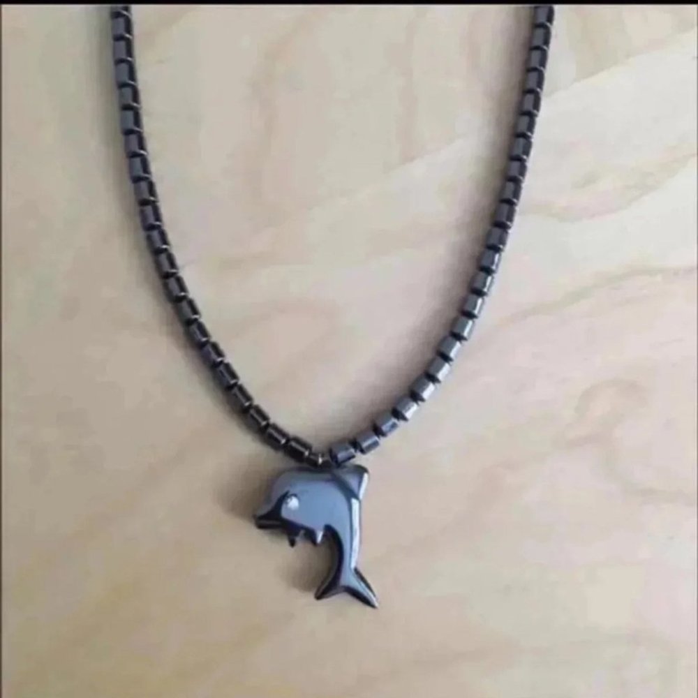 Hematite beads necklace with dolphin charm NWOT